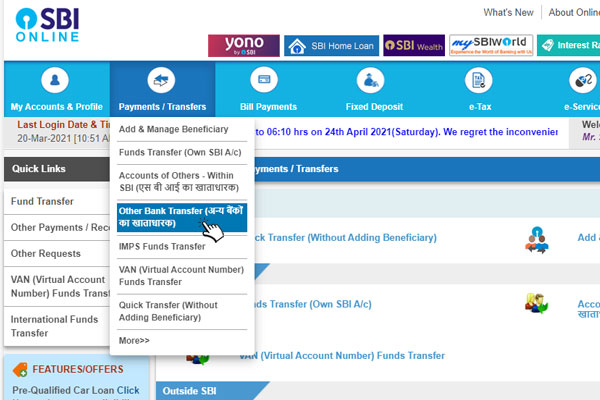 SBI bank transfer menu