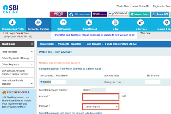 SBI Fund transfer enter amount