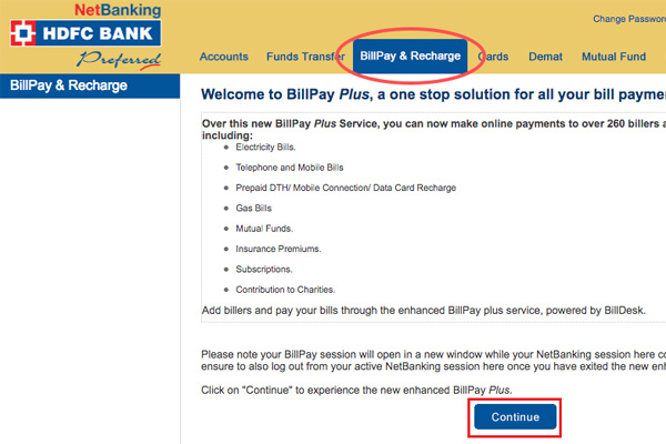 Bill Payments and Recharge using hdfc netbanking