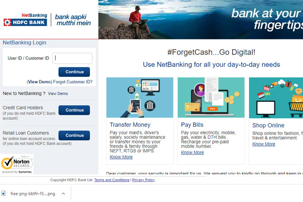 Enter the HDFC customer ID, debit card number, and PIN or TIN