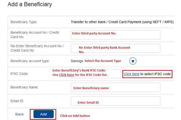  Select transaction type and add beneficiary account number, HDFC bank IFSC code, name, and email id