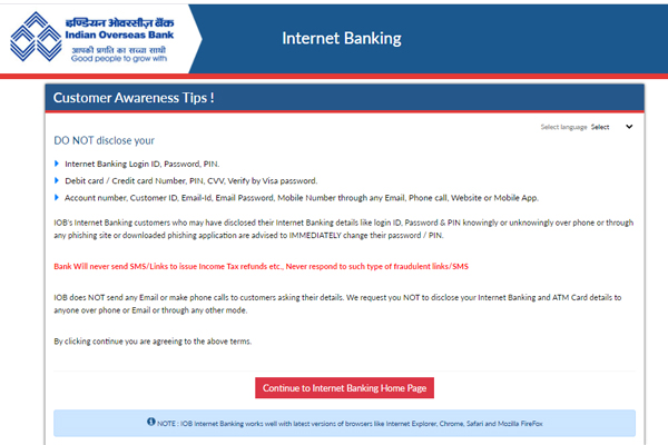 Visit Indian Overseas Bank Web portal